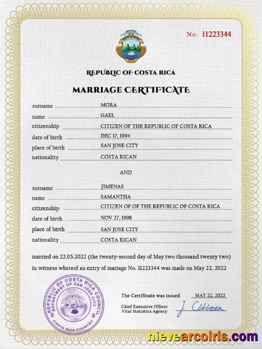 Costa Rica marriage certificate